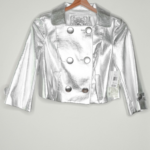 guess silver double breasted crop jacket